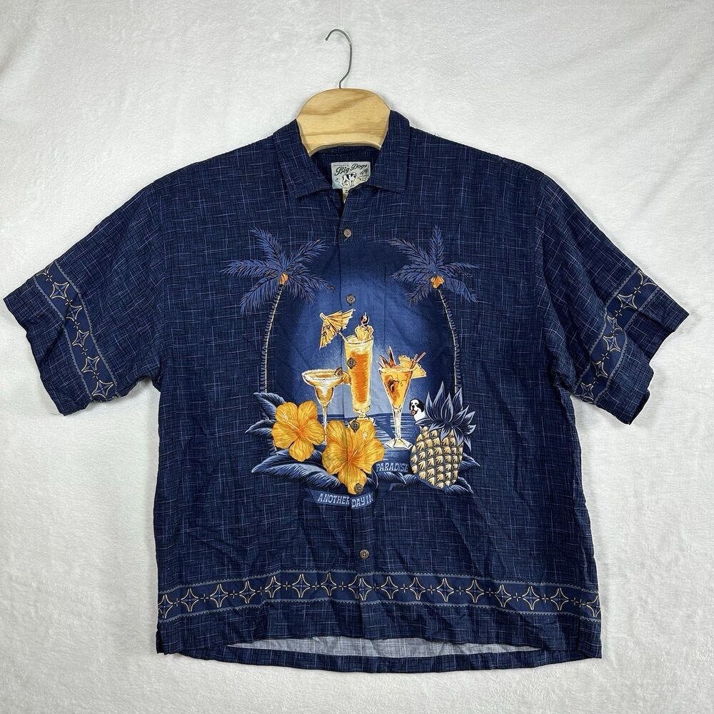 Big Dogs Hawaiian Shirt XL Blue Tropical Cocktail Palm Tree Rayon Button Up